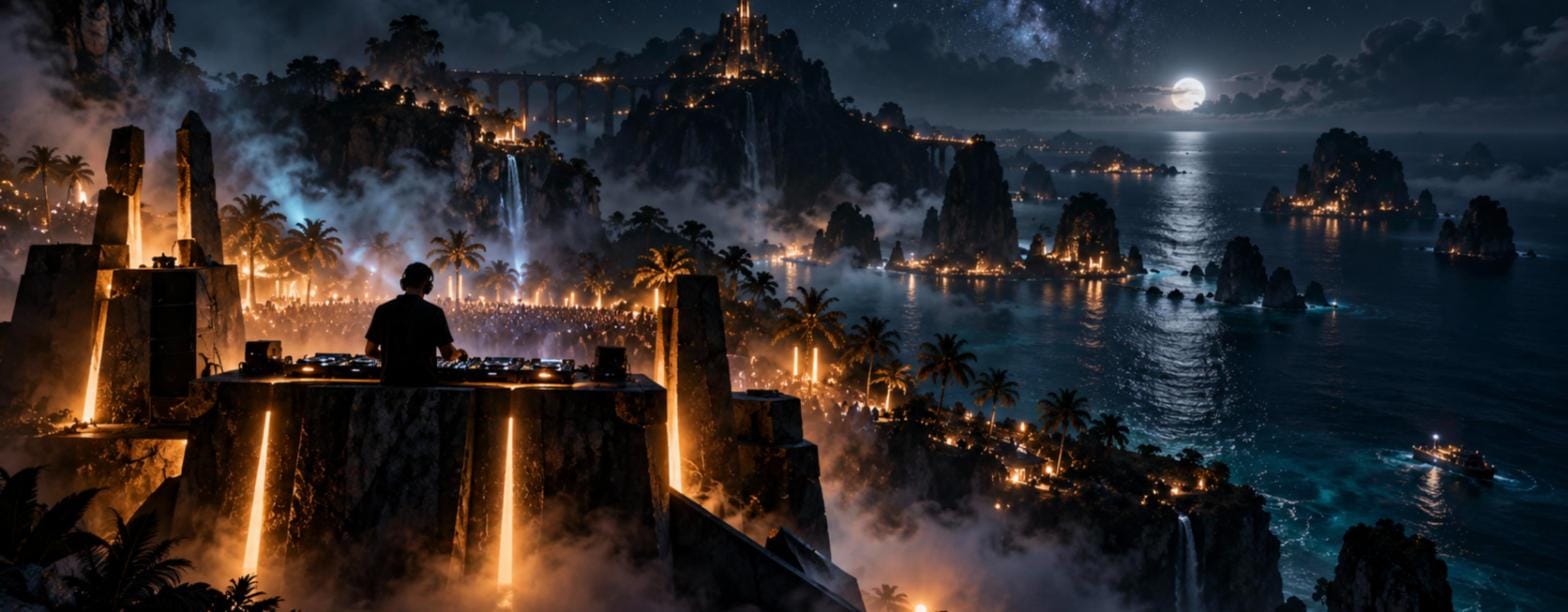 THE ISLAND — a cinematic nighttime destination for Subcultural Music's new electronic music platform, DJ silhouette overlooking a glowing moonlit archipelago
