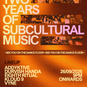 Two years of Subcultural Music anniversary event poster — 26 September at DVARA, GK Delhi