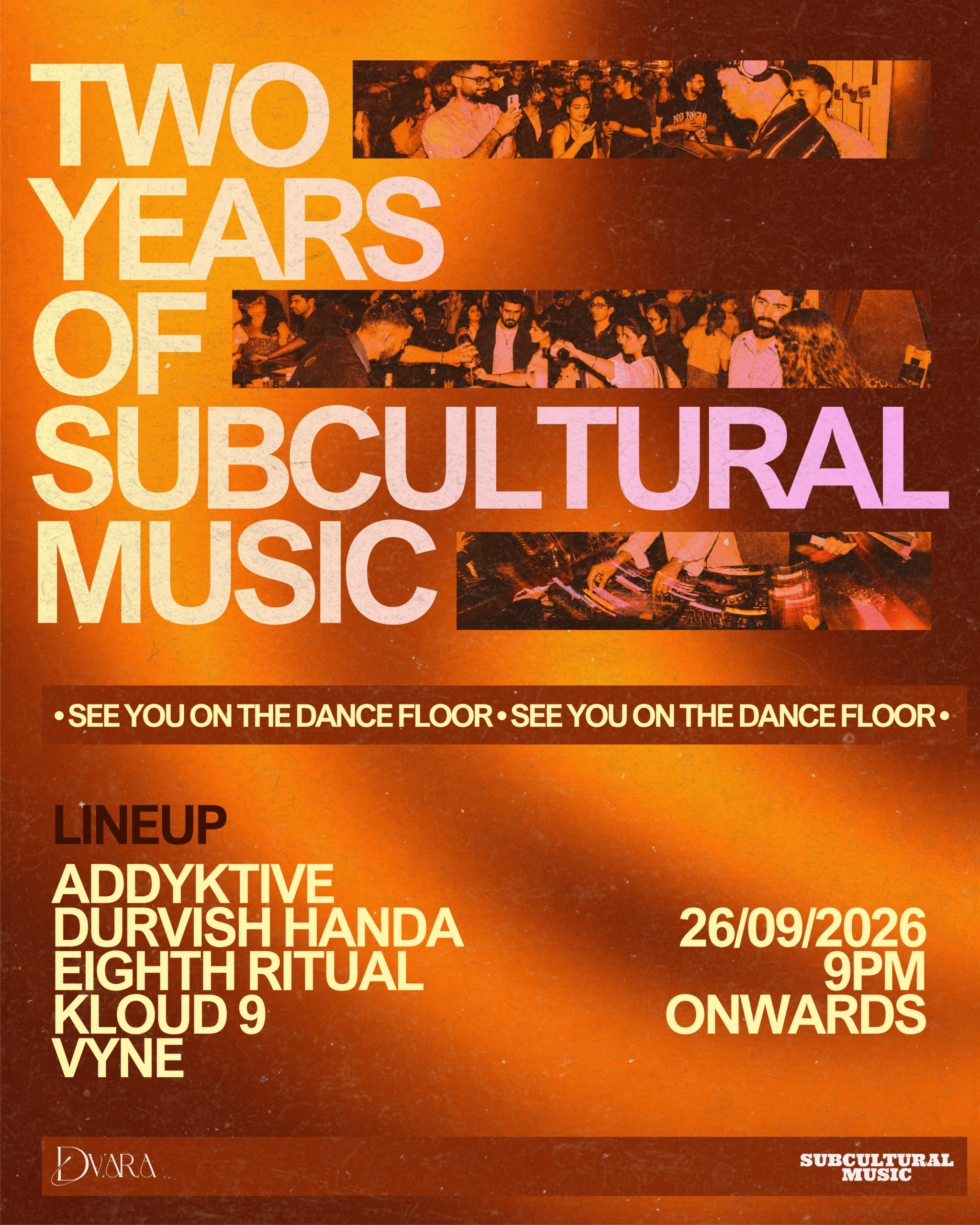 Two years of Subcultural Music anniversary event poster — 26 September at DVARA, GK Delhi