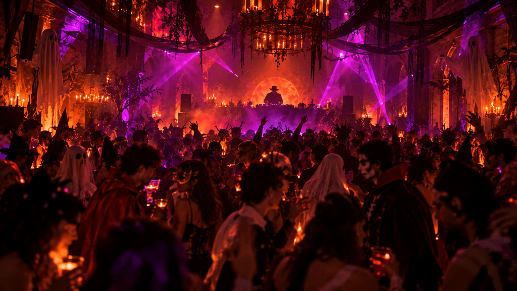 Costumed crowd dancing at Road to The Island Halloween Edition in Delhi