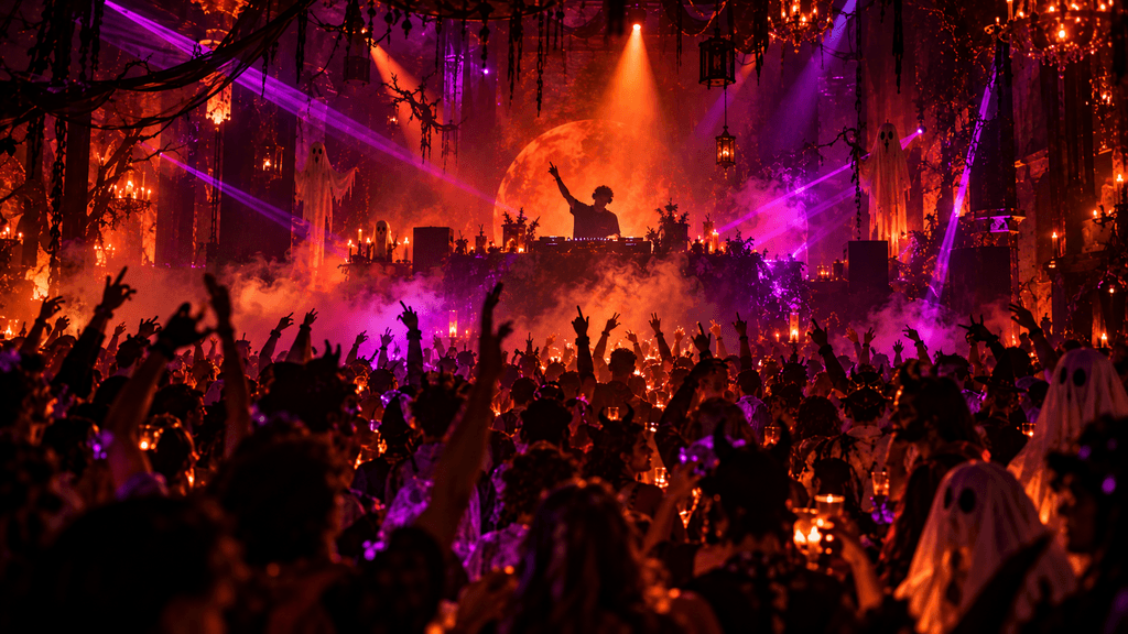Costumed crowd at Road to The Island Halloween Edition where the Open Decks Contest winner performs