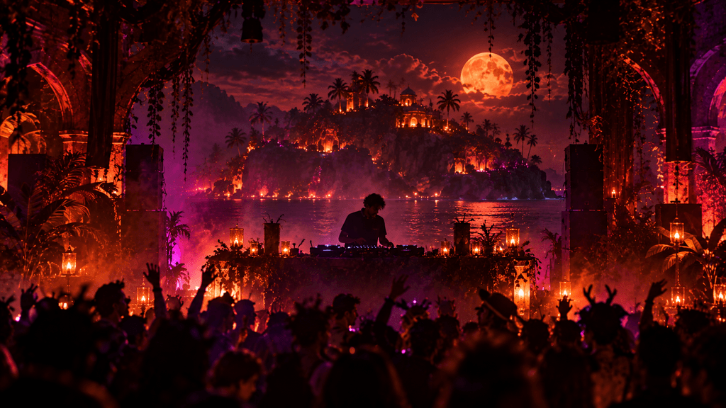 Open Decks Contest: a DJ at the decks under a glowing island and full moon