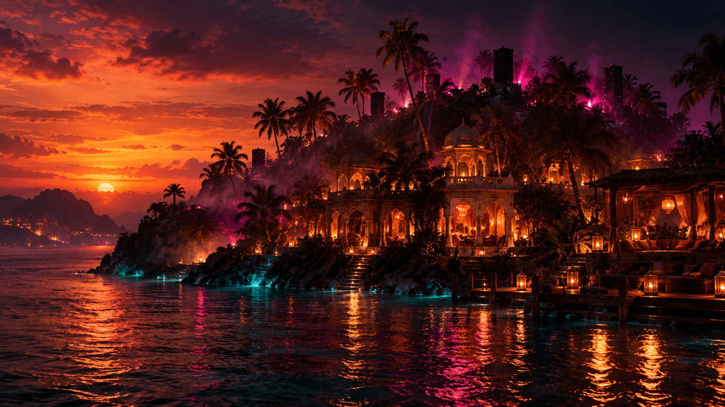 Road to The Island: a mysterious glowing island at dusk representing the flagship Island platform